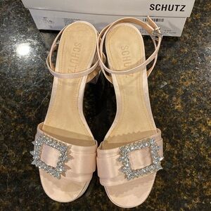 Schutz pale pink satin jeweled ankle wrap platform sandals. Size 7. Worn once!